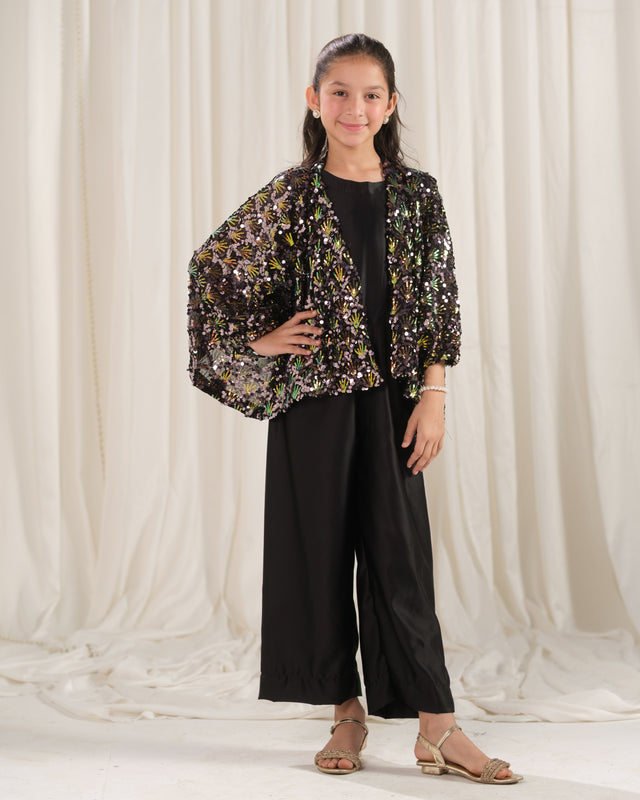 Moonlight Cape with Jumpsuit - 2pcs - Sequence Net & Silk - Festive - Sprinkles Pakistan