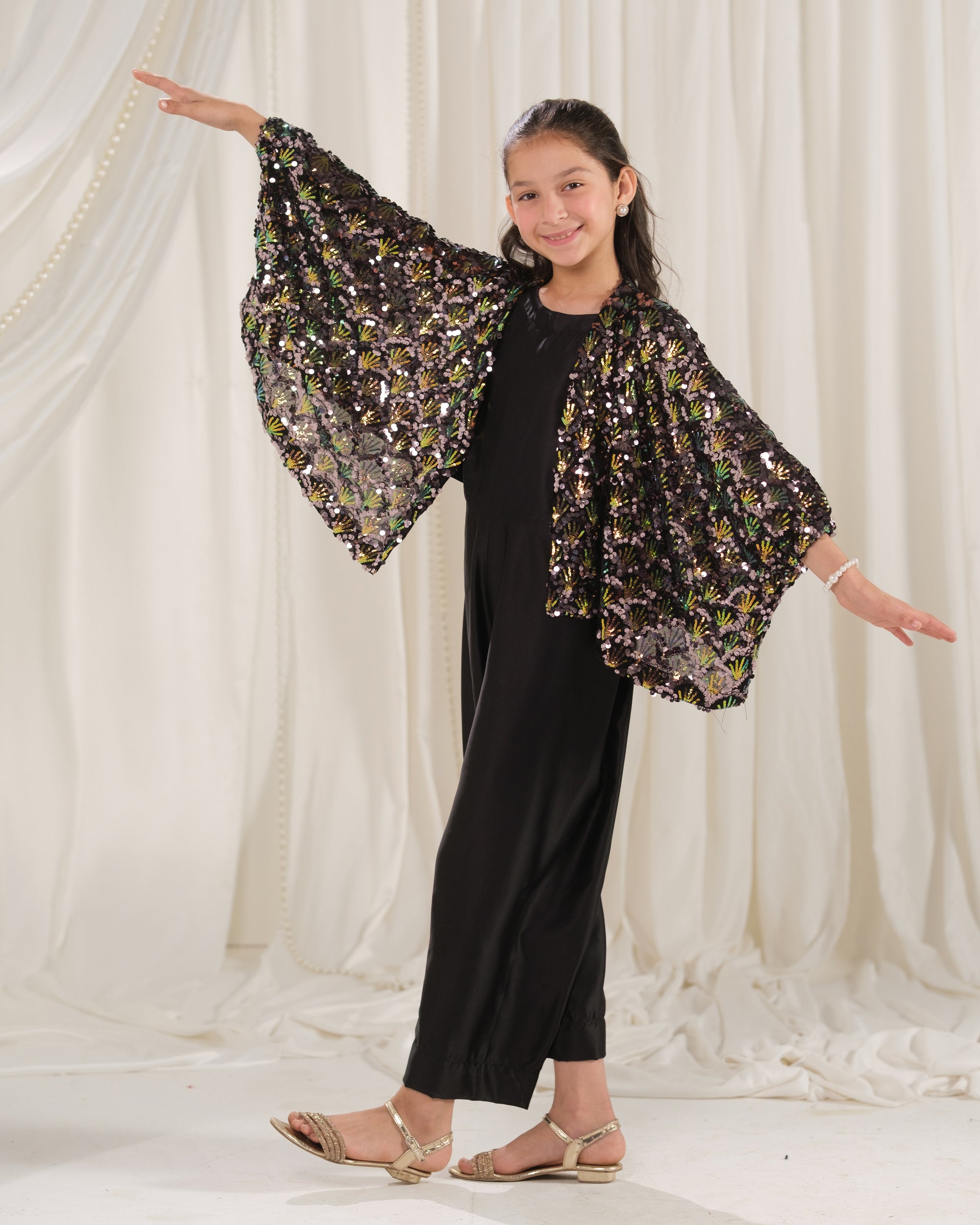 Moonlight Cape with Jumpsuit - 2pcs - Sequence Net & Silk - Festive - Sprinkles Pakistan