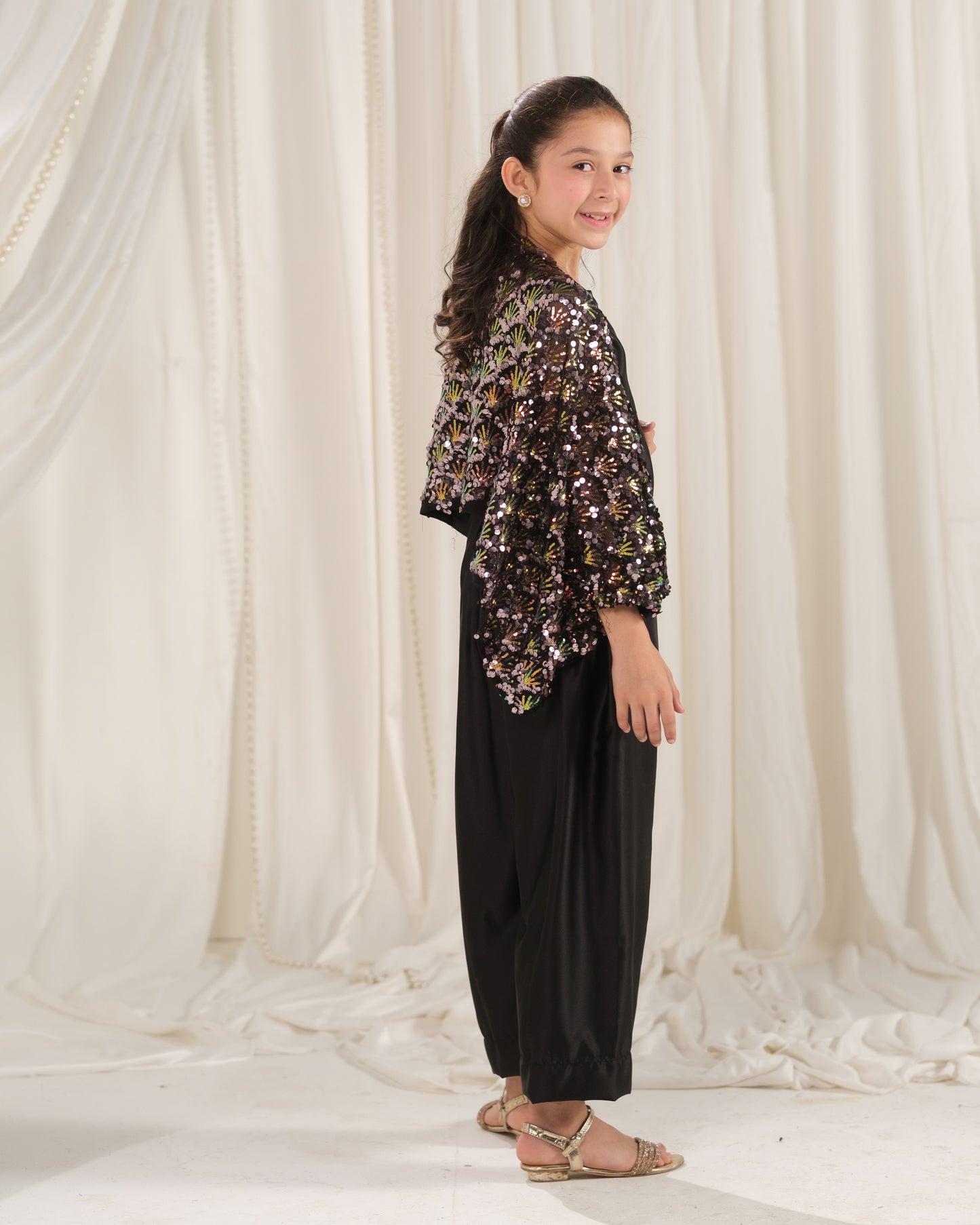 Moonlight Cape with Jumpsuit - 2pcs - Sequence Net & Silk - Festive - Sprinkles Pakistan