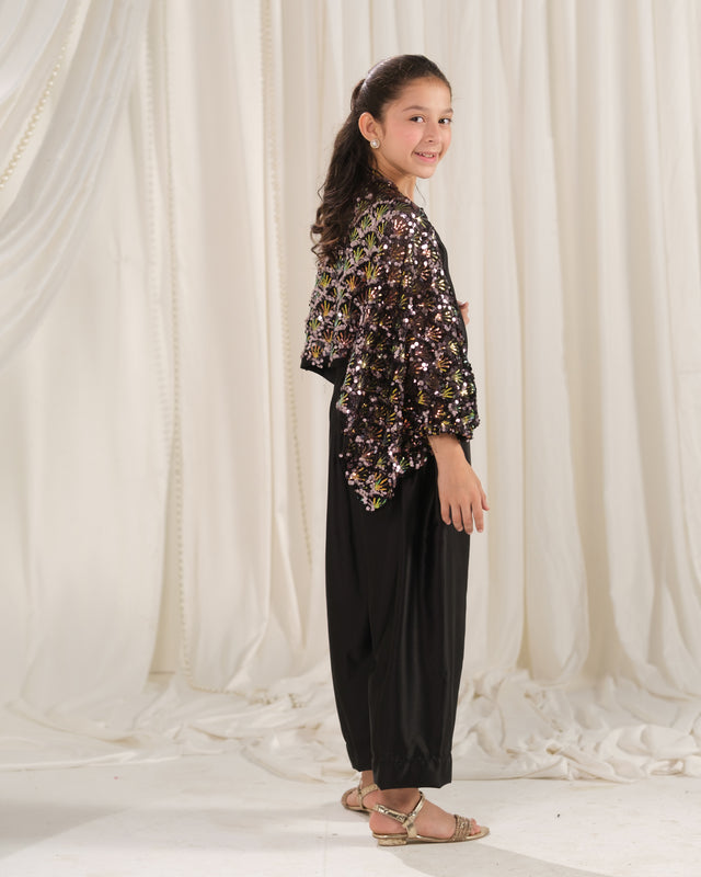 Moonlight Cape with Jumpsuit - 2pcs - Sequence Net & Silk - Festive - Sprinkles Pakistan