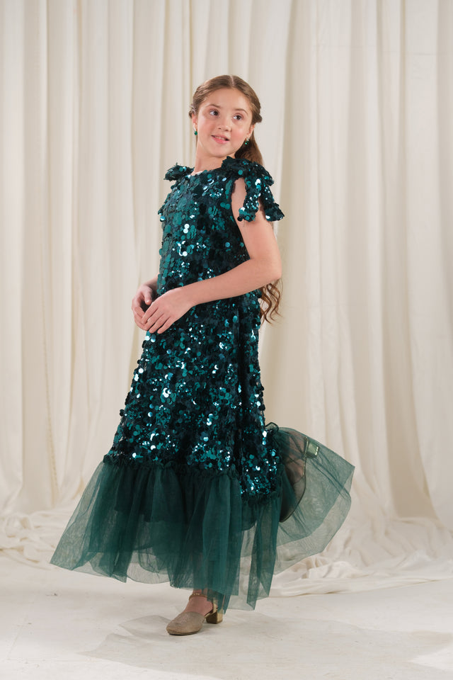Emerald Glow Frock - 1pc - Sequence Net & Silk - Festive - Sprinkles Pakistan