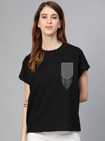 Black Contrast Patch Print Tee