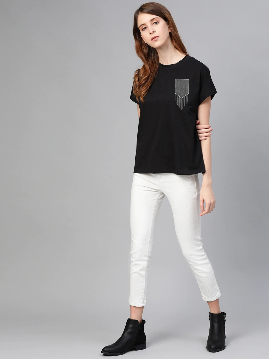 Black Contrast Patch Print Tee - Cotton - grand-sale, t-shirts, kids-clearance - Sprinkles Pakistan