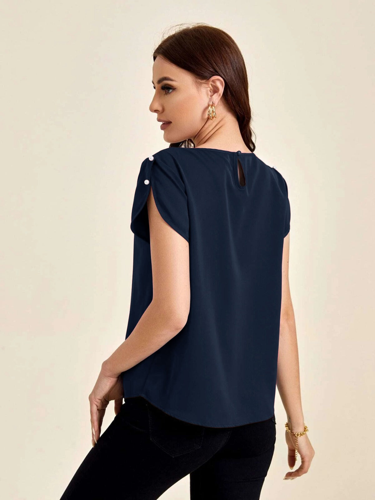 Navy Solid Pleated Detail Top