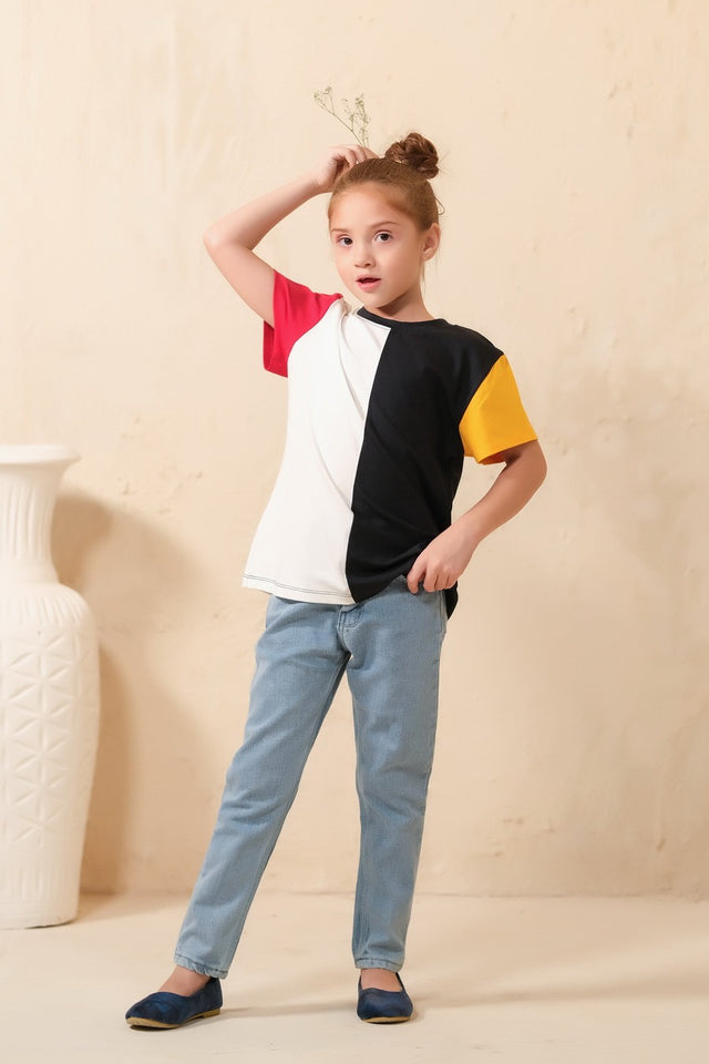 Two Tone Black & White Half Sleeves Tee - Woven Fabric - Tee_clearance,grand-sale, t-shirts, topsshirts, kids-clearance - Sprinkles Pakistan