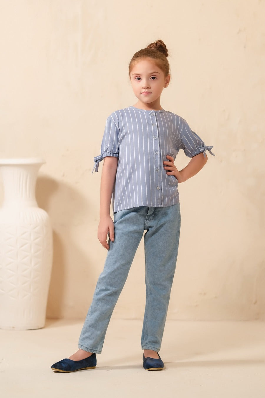 Grey Teen Girls Short Sleeves Striped Knot Cuff Top - Woven Fabric - new-arrivals, shirts, topsshirts - Sprinkles Pakistan