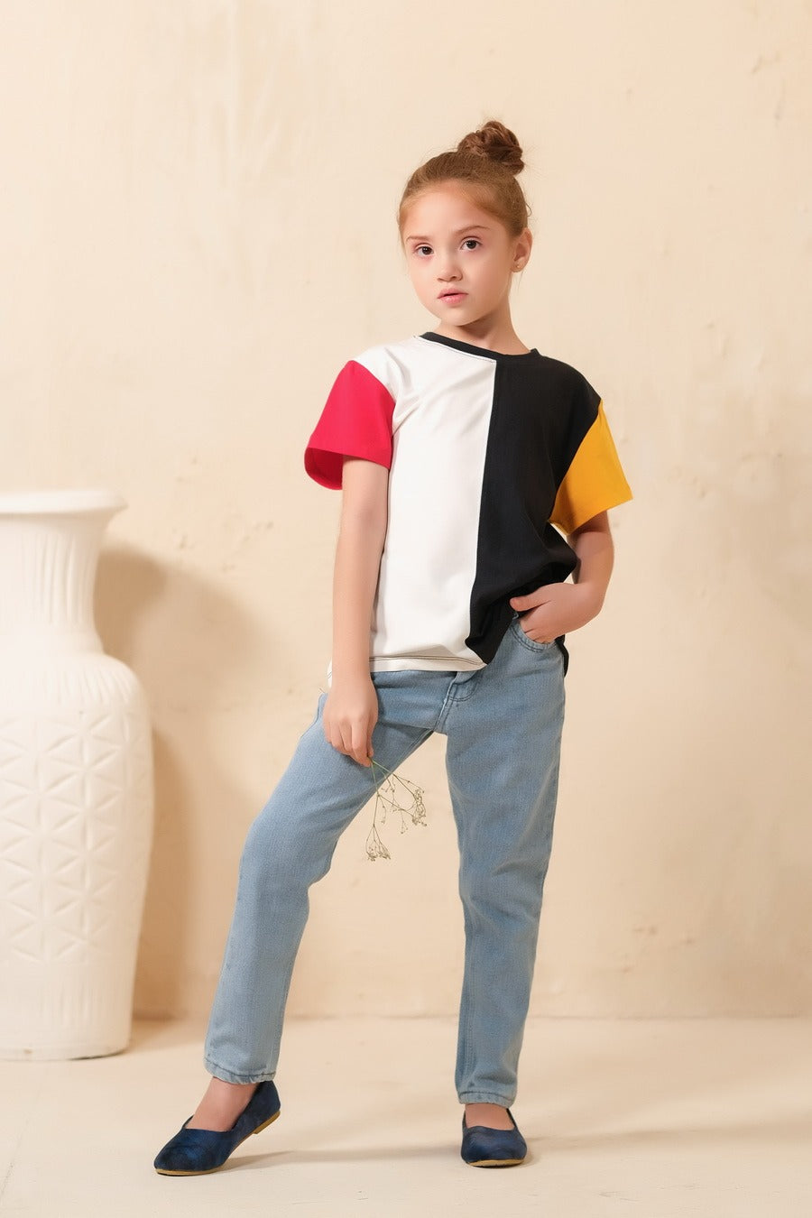 Two Tone Black & White Half Sleeves Tee - Woven Fabric - Tee_clearance,grand-sale, t-shirts, topsshirts, kids-clearance - Sprinkles Pakistan