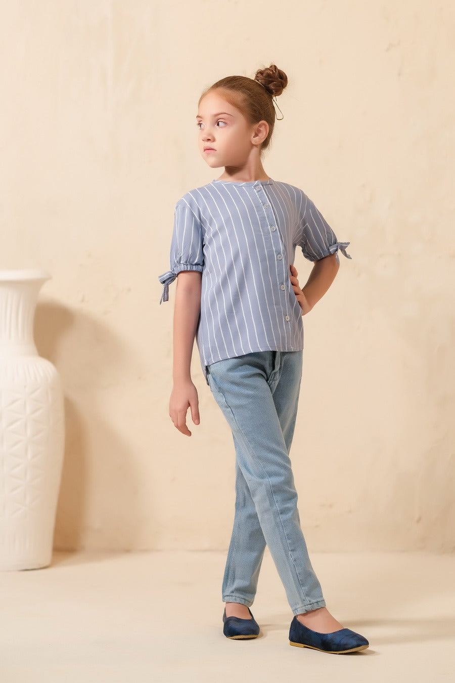 Grey Teen Girls Short Sleeves Striped Knot Cuff Top - Woven Fabric - new-arrivals, shirts, topsshirts - Sprinkles Pakistan