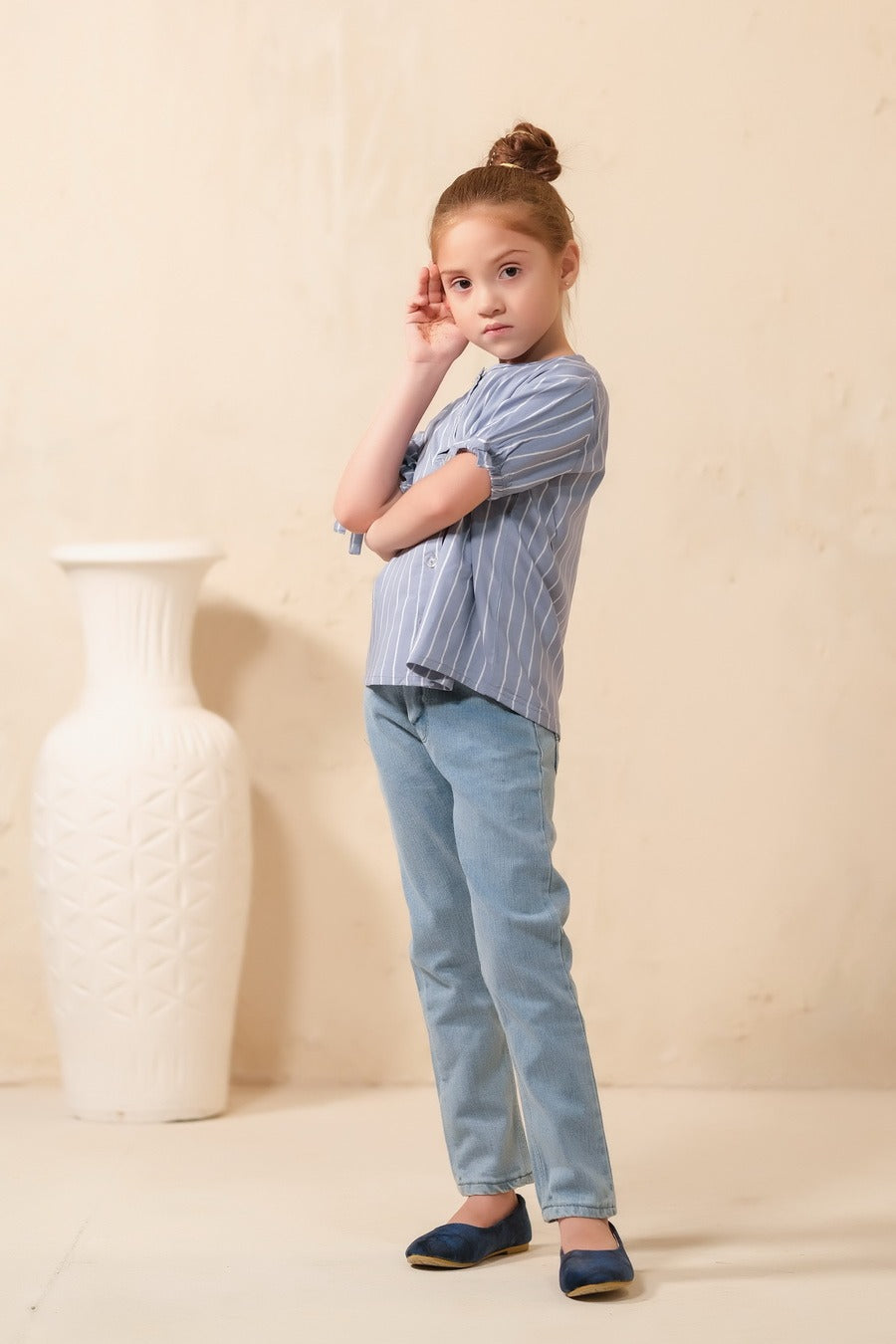 Grey Teen Girls Short Sleeves Striped Knot Cuff Top - Woven Fabric - new-arrivals, shirts, topsshirts - Sprinkles Pakistan