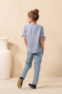 Grey Teen Girls Short Sleeves Striped Knot Cuff Top - Woven Fabric - new-arrivals, shirts, topsshirts - Sprinkles Pakistan