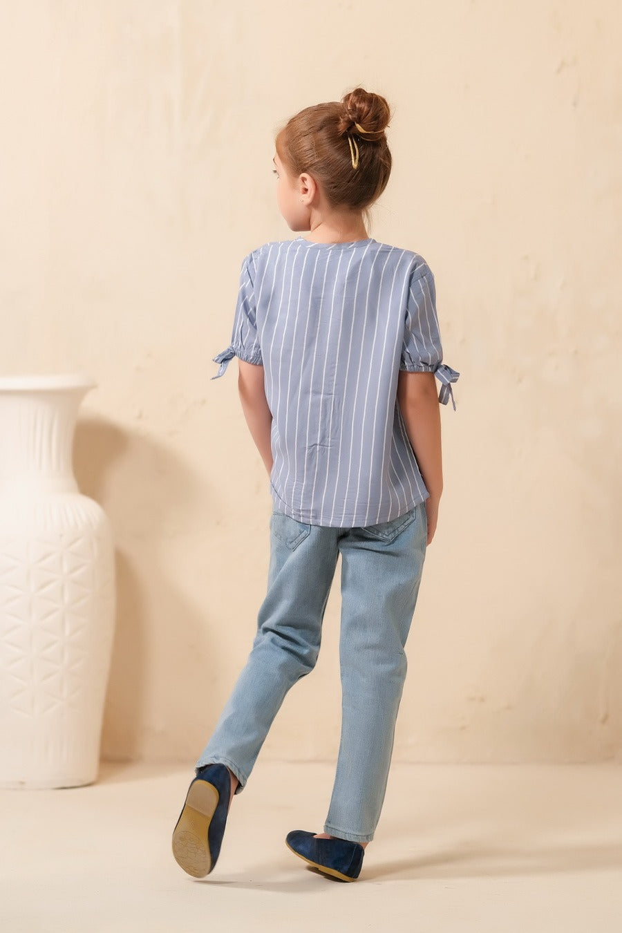 Grey Teen Girls Short Sleeves Striped Knot Cuff Top - Woven Fabric - new-arrivals, shirts, topsshirts - Sprinkles Pakistan