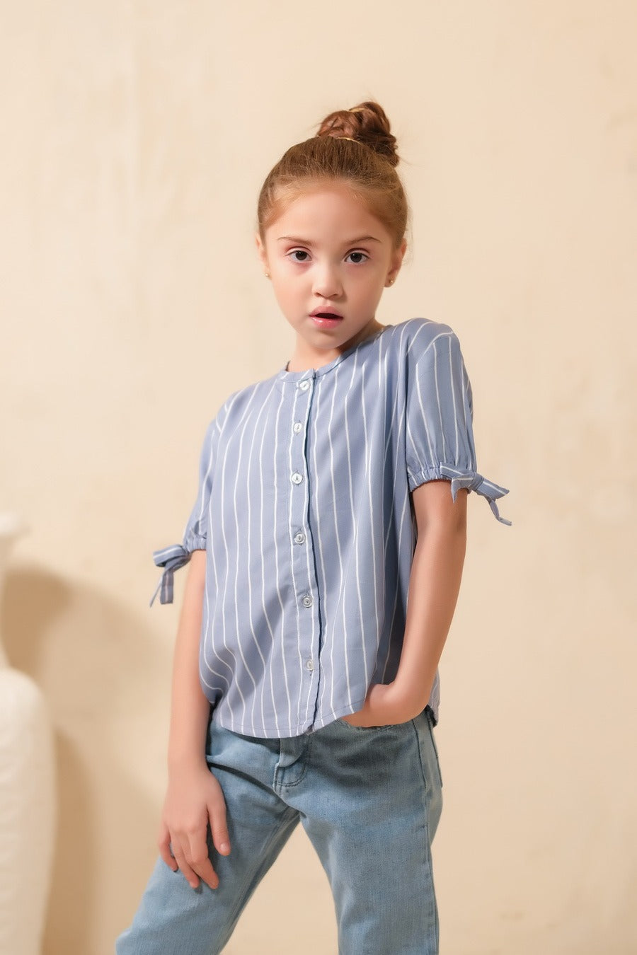 Grey Teen Girls Short Sleeves Striped Knot Cuff Top - Woven Fabric - new-arrivals, shirts, topsshirts - Sprinkles Pakistan
