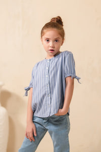 Grey Teen Girls Short Sleeves Striped Knot Cuff Top - Woven Fabric - new-arrivals, shirts, topsshirts - Sprinkles Pakistan