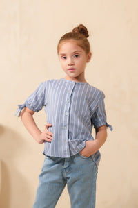 Grey Teen Girls Short Sleeves Striped Knot Cuff Top - Woven Fabric - new-arrivals, shirts, topsshirts - Sprinkles Pakistan