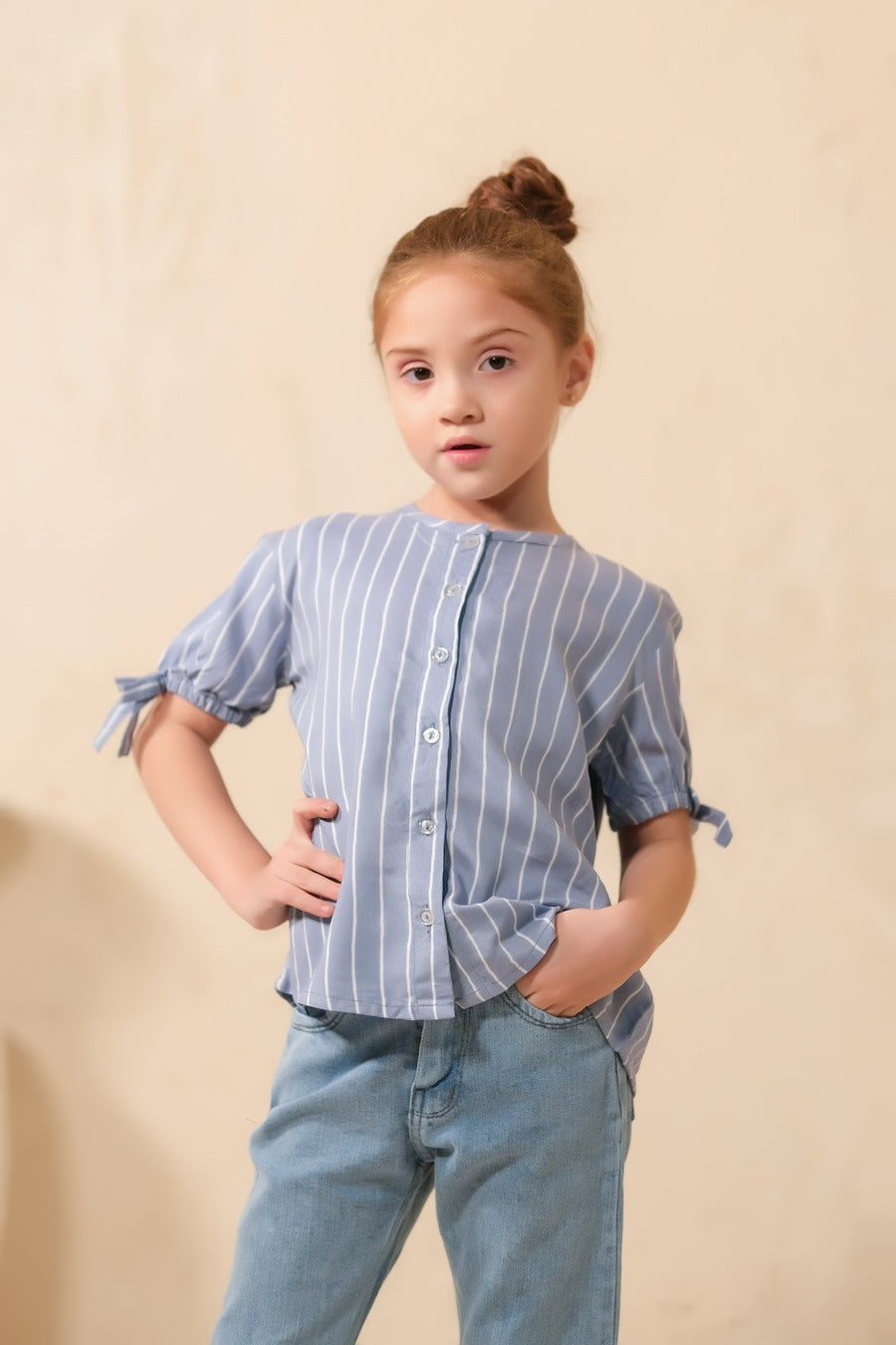Grey Teen Girls Short Sleeves Striped Knot Cuff Top - Woven Fabric - new-arrivals, shirts, topsshirts - Sprinkles Pakistan