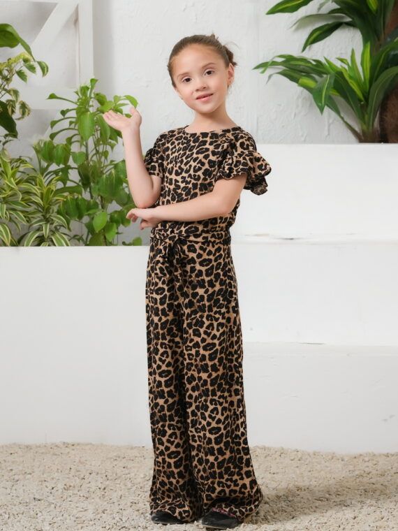 SafariChic - Brown Leopard Print Ruffle Trim Belted Jumpsuit