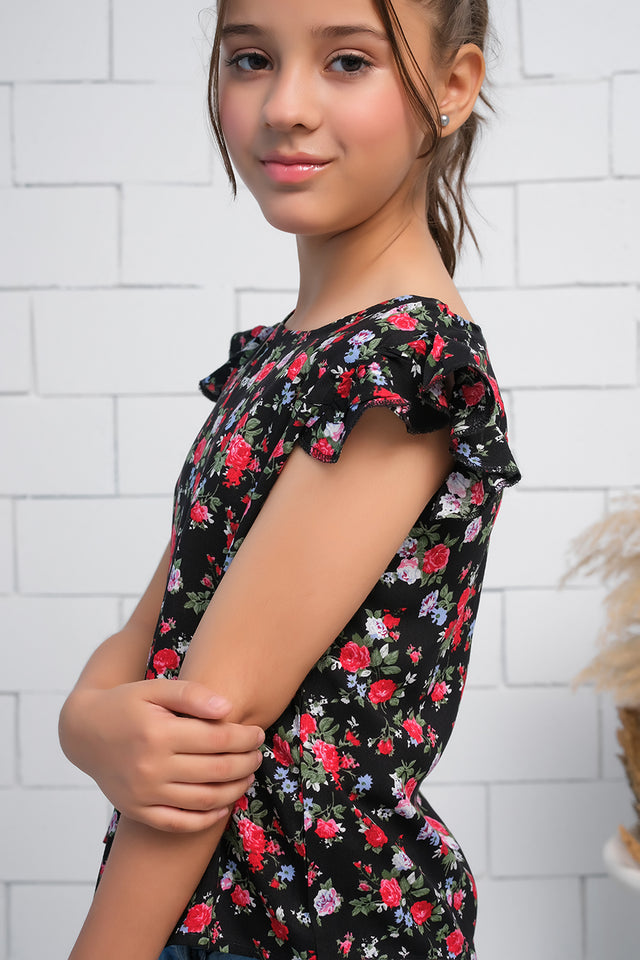 Girls Black & Red  Ruffle Armhole Floral Rose Print Top