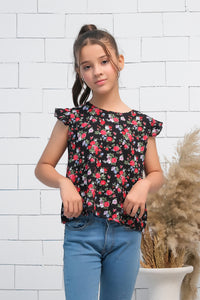 Girls Black & Red  Ruffle Armhole Floral Rose Print Top - shirts, topsshirts, kids-clearance - Sprinkles Pakistan