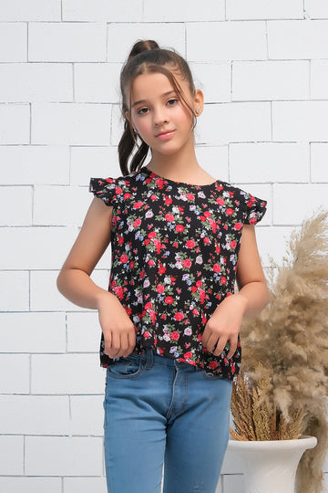 Girls Black & Red  Ruffle Armhole Floral Rose Print Top