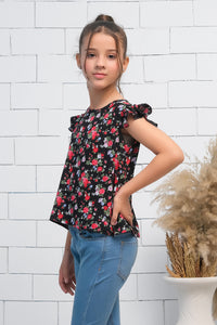Girls Black & Red  Ruffle Armhole Floral Rose Print Top - shirts, topsshirts, kids-clearance - Sprinkles Pakistan