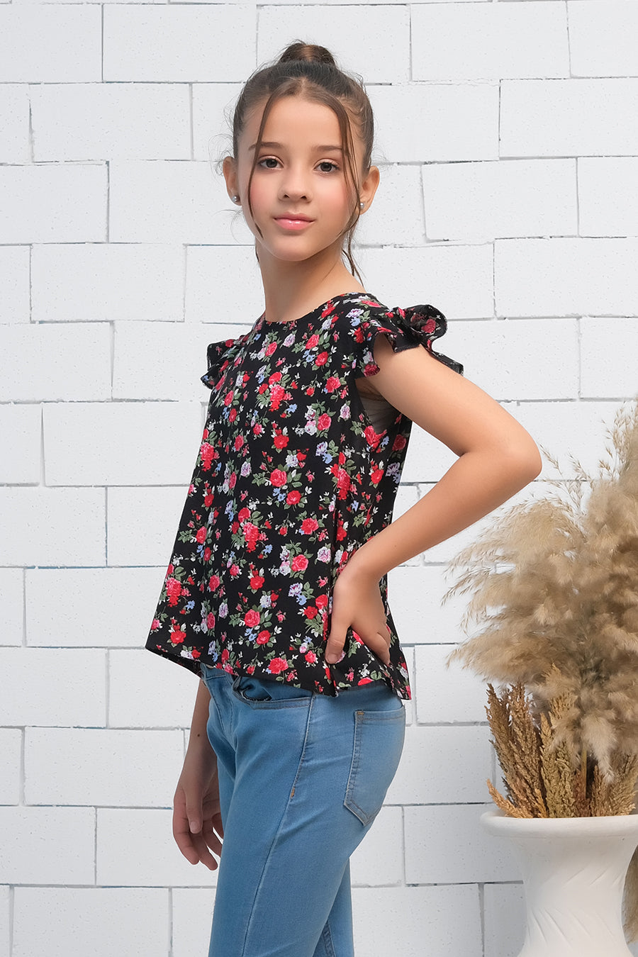 Girls Black & Red  Ruffle Armhole Floral Rose Print Top - shirts, topsshirts, kids-clearance - Sprinkles Pakistan