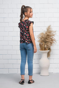 Girls Black & Red  Ruffle Armhole Floral Rose Print Top - shirts, topsshirts, kids-clearance - Sprinkles Pakistan