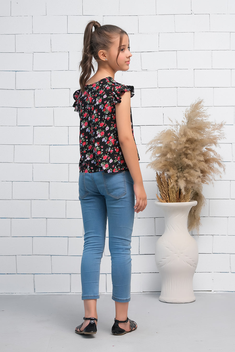 Girls Black & Red  Ruffle Armhole Floral Rose Print Top - shirts, topsshirts, kids-clearance - Sprinkles Pakistan