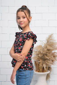 Girls Black & Red  Ruffle Armhole Floral Rose Print Top - shirts, topsshirts, kids-clearance - Sprinkles Pakistan