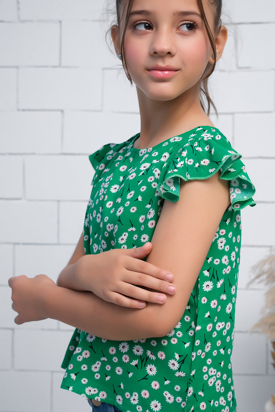 Girls Green Ruffle Armhole Floral Print Top - shirts, topsshirts, kids-clearance - Sprinkles Pakistan