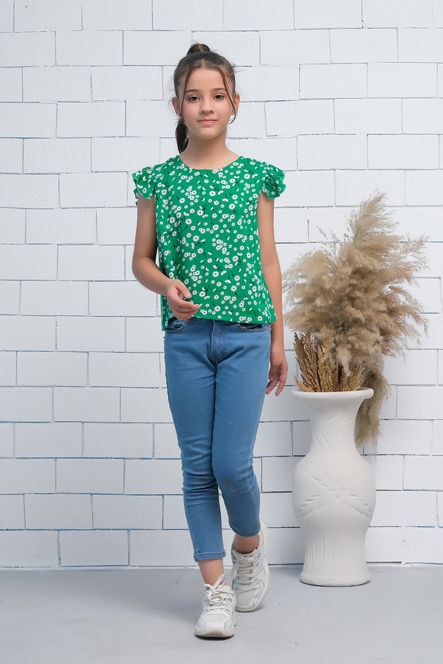 Girls Green Ruffle Armhole Floral Print Top