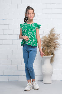 Girls Green Ruffle Armhole Floral Print Top - shirts, topsshirts, kids-clearance - Sprinkles Pakistan