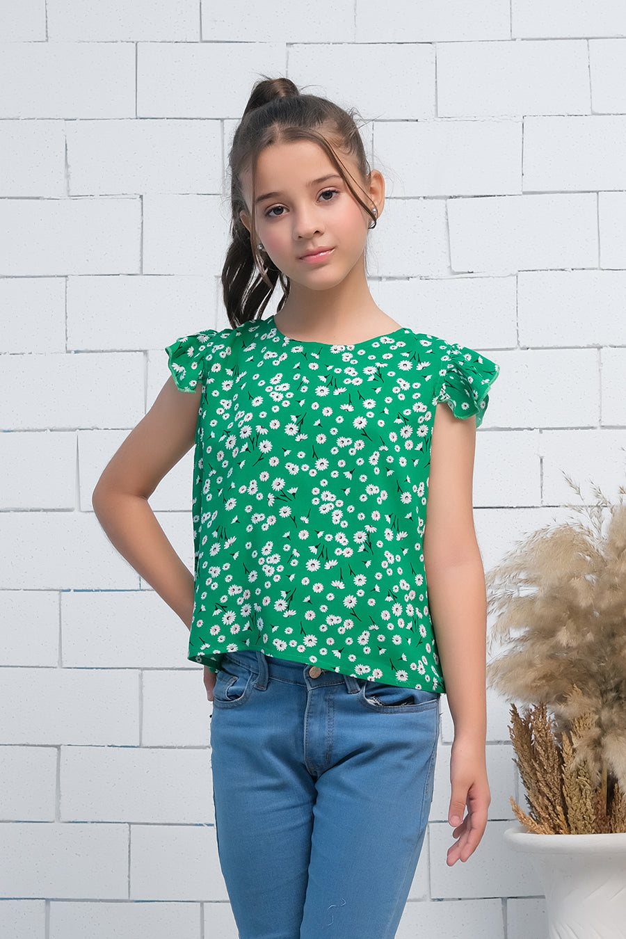 Girls Green Ruffle Armhole Floral Print Top - shirts, topsshirts, kids-clearance - Sprinkles Pakistan
