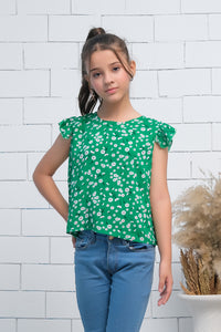 Girls Green Ruffle Armhole Floral Print Top - shirts, topsshirts, kids-clearance - Sprinkles Pakistan