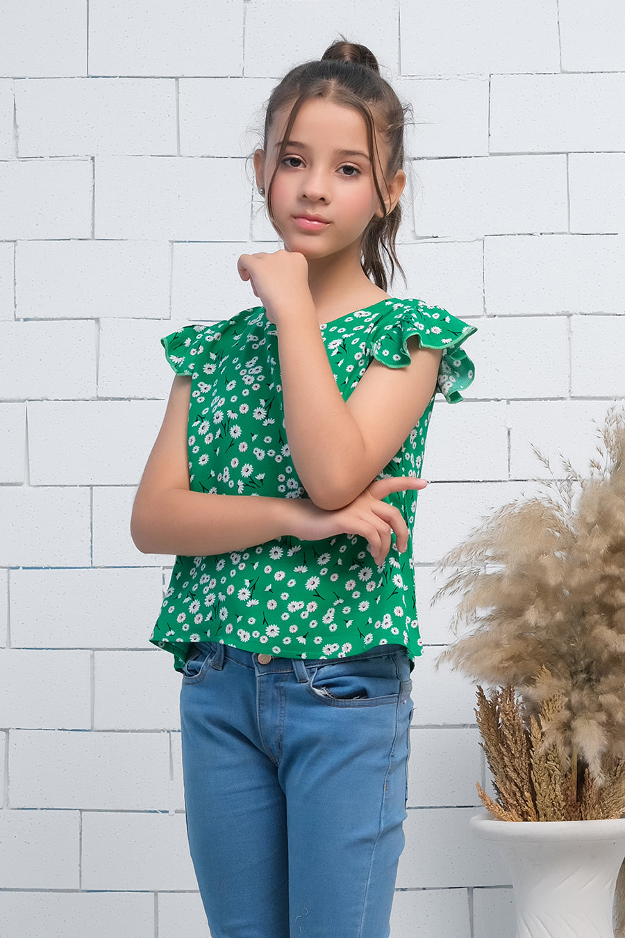 Girls Green Ruffle Armhole Floral Print Top - shirts, topsshirts, kids-clearance - Sprinkles Pakistan