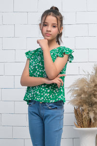 Girls Green Ruffle Armhole Floral Print Top - shirts, topsshirts, kids-clearance - Sprinkles Pakistan