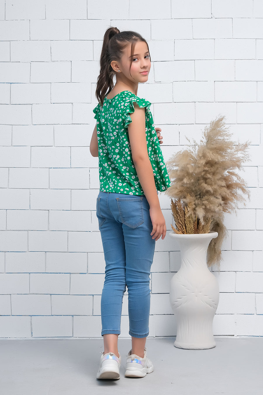 Girls Green Ruffle Armhole Floral Print Top - shirts, topsshirts, kids-clearance - Sprinkles Pakistan