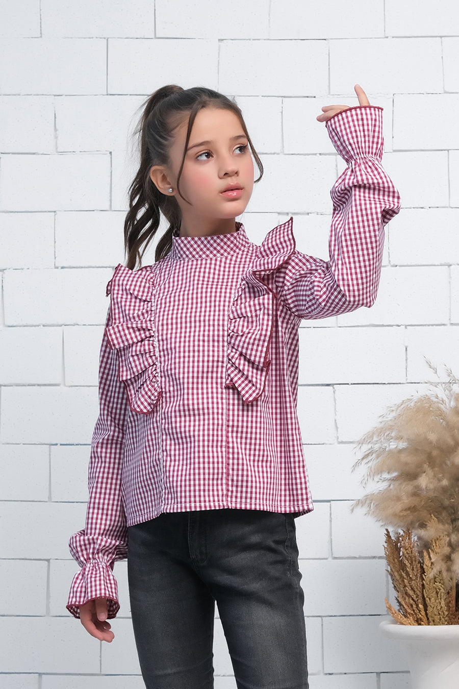 Maroon & White Teen Girls Mock Neck Flounce Sleeve Ruffle Trim Gingham Top - shirts, topsshirts, kids-clearance - Sprinkles Pakistan