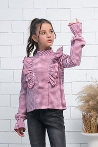 Maroon & White Teen Girls Mock Neck Flounce Sleeve Ruffle Trim Gingham Top - shirts, topsshirts, kids-clearance - Sprinkles Pakistan
