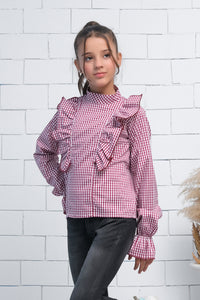Maroon & White Teen Girls Mock Neck Flounce Sleeve Ruffle Trim Gingham Top - shirts, topsshirts, kids-clearance - Sprinkles Pakistan