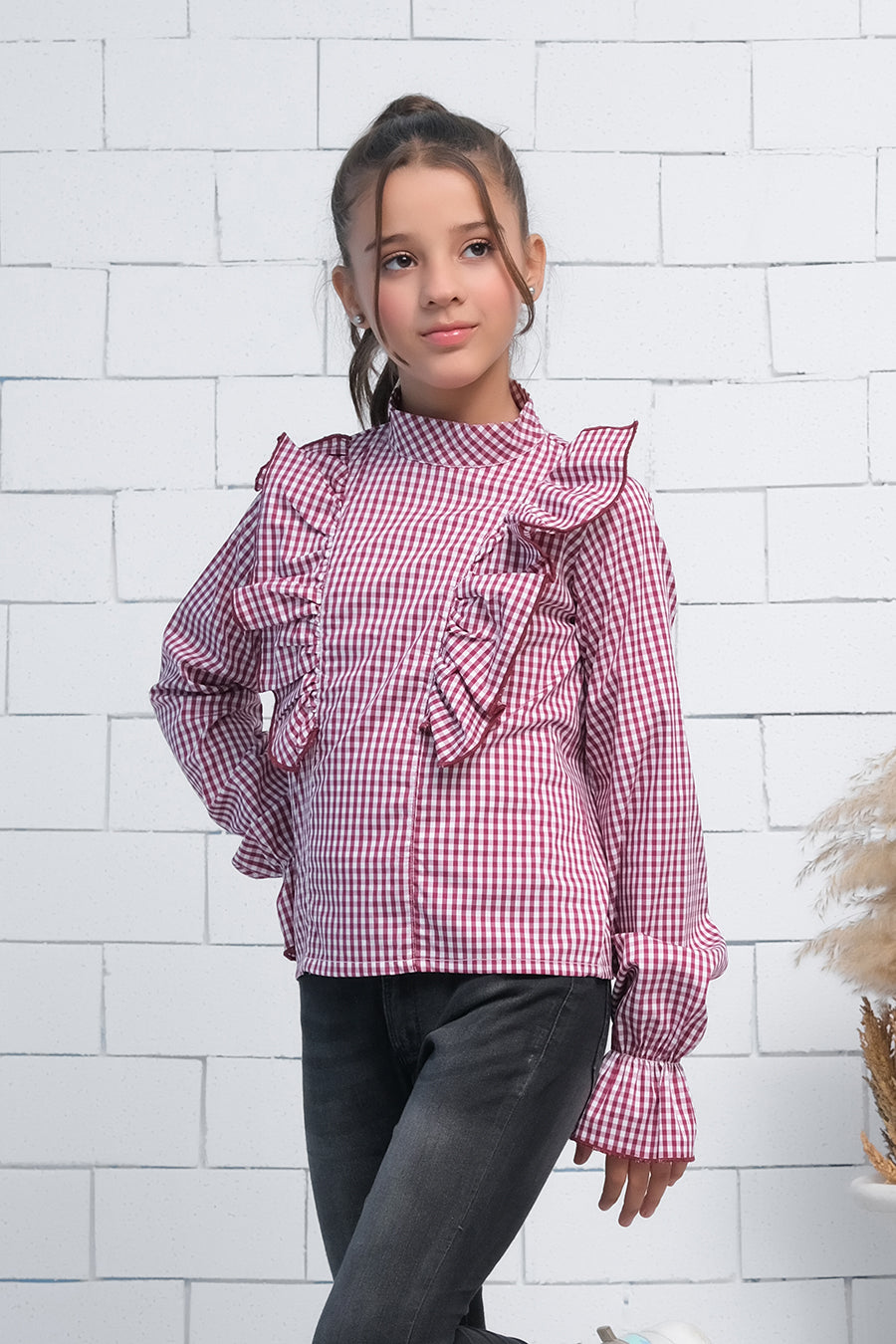 Maroon & White Teen Girls Mock Neck Flounce Sleeve Ruffle Trim Gingham Top - shirts, topsshirts, kids-clearance - Sprinkles Pakistan
