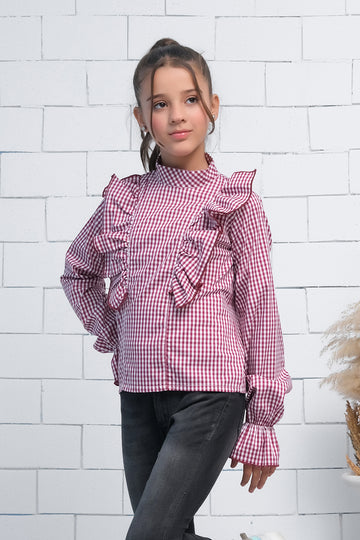 Maroon & White Teen Girls Mock Neck Flounce Sleeve Ruffle Trim Gingham Top