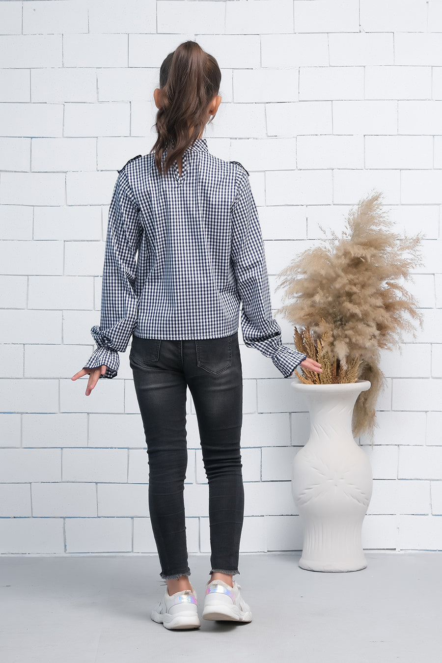 Black & White Teen Girls Mock Neck Flounce Sleeve Ruffle Trim Gingham Top - shirts, topsshirts - Sprinkles Pakistan