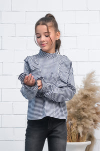 Black & White Teen Girls Mock Neck Flounce Sleeve Ruffle Trim Gingham Top - shirts, topsshirts - Sprinkles Pakistan