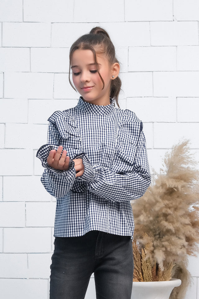 Black & White Teen Girls Mock Neck Flounce Sleeve Ruffle Trim Gingham Top - shirts, topsshirts - Sprinkles Pakistan
