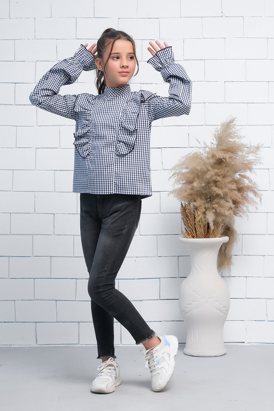 Black & White Teen Girls Mock Neck Flounce Sleeve Ruffle Trim Gingham Top - shirts, topsshirts - Sprinkles Pakistan