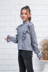 Black & White Teen Girls Mock Neck Flounce Sleeve Ruffle Trim Gingham Top - shirts, topsshirts - Sprinkles Pakistan